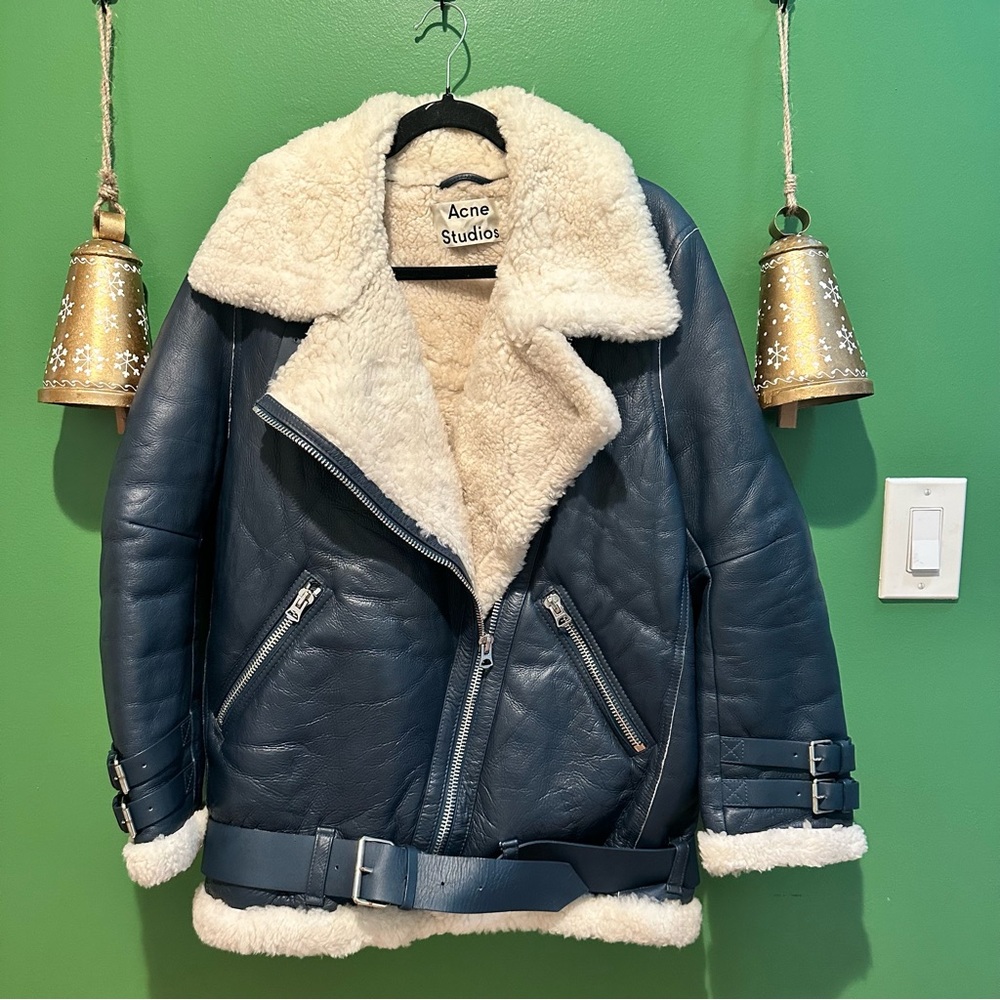 Acne Studios Velocite Navy Leather Jacket with Cream Shearling